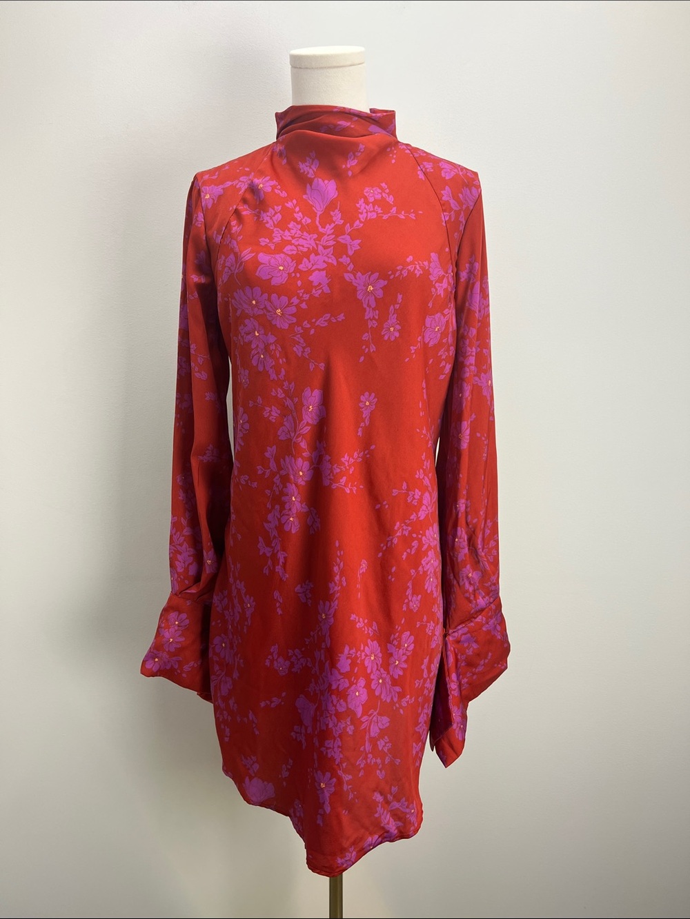 Free People Aries Mini Dress Red Pink Floral Long Sleeve Open Back Medium